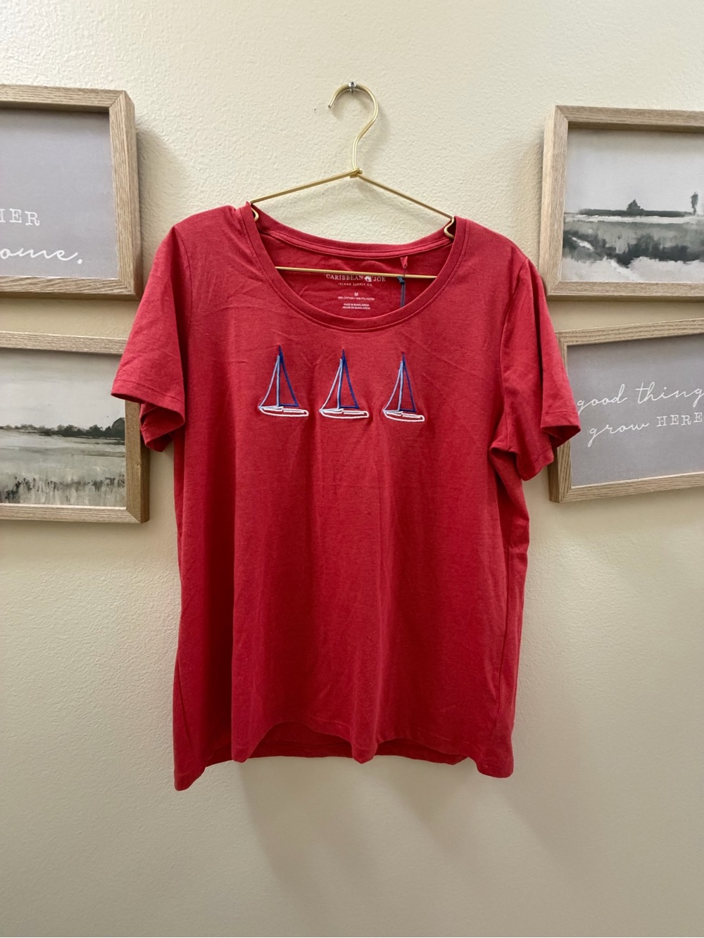 Caribbean Joe Red Short Sleeve Tee with Blue Embroidery